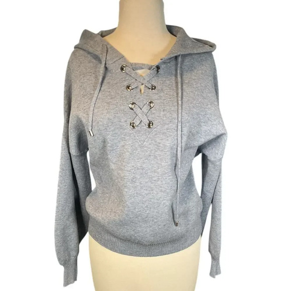 Philosophy Gray Sweater Knit Hoodie Balloon Sleeve Lace Up Neckline Size Small - Picture 1 of 12
